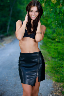 Aleksandrina Shows Off.mini Skirt, Ankle Strap High Heels In Outdoor Striptease